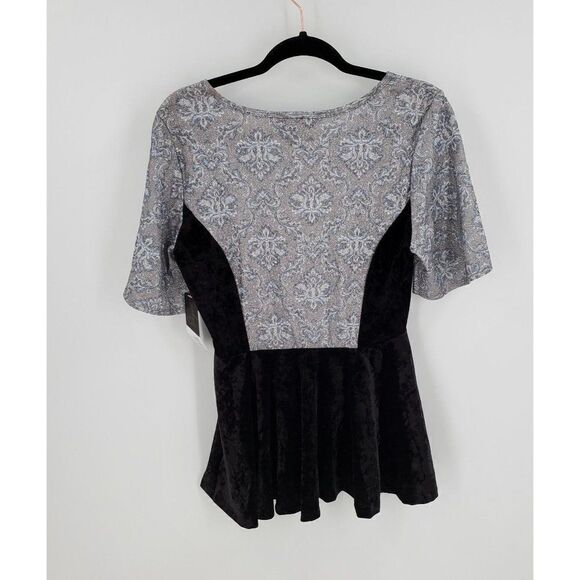 LuLaRoe Elegant Womens Emma Peplum Top Bell Sleeve Black Silver Sparkle Size S - Picture 7 of 8